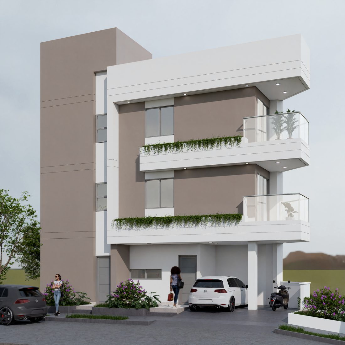Render del acceso al edificio y la entrada al sótano de parqueos
