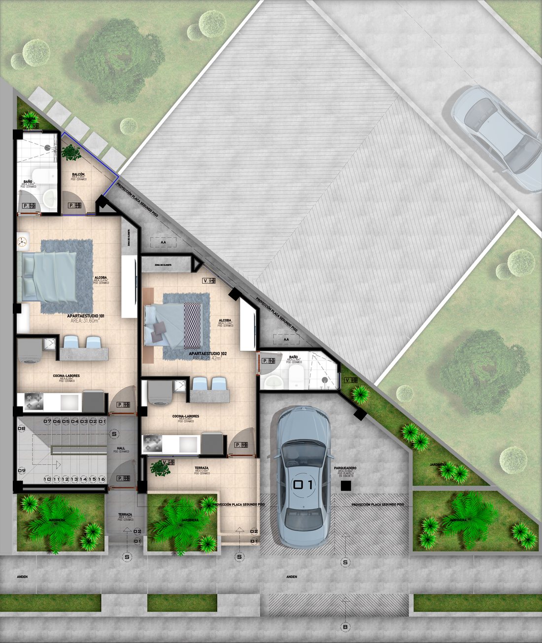 Planta amoblada del primer piso del Loft 15, con los apartaestudios 101 y 102