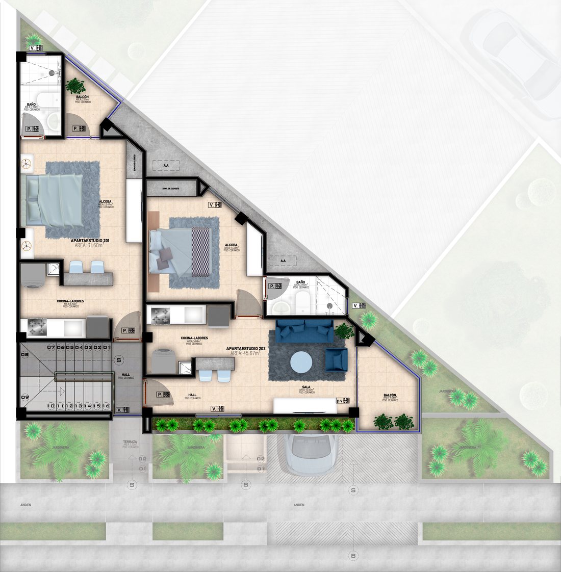 Planta amoblada del segundo piso del Loft 15, con los apartaestudios 201 y 202