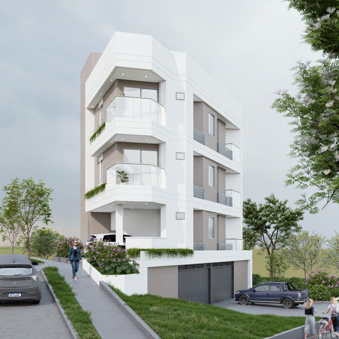 Render del edificio Loft 15 desde la calle, con árboles y andenes
