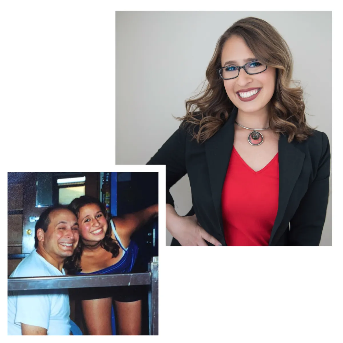 Collage of Ilana smiling at the camera and a photo of her with her father