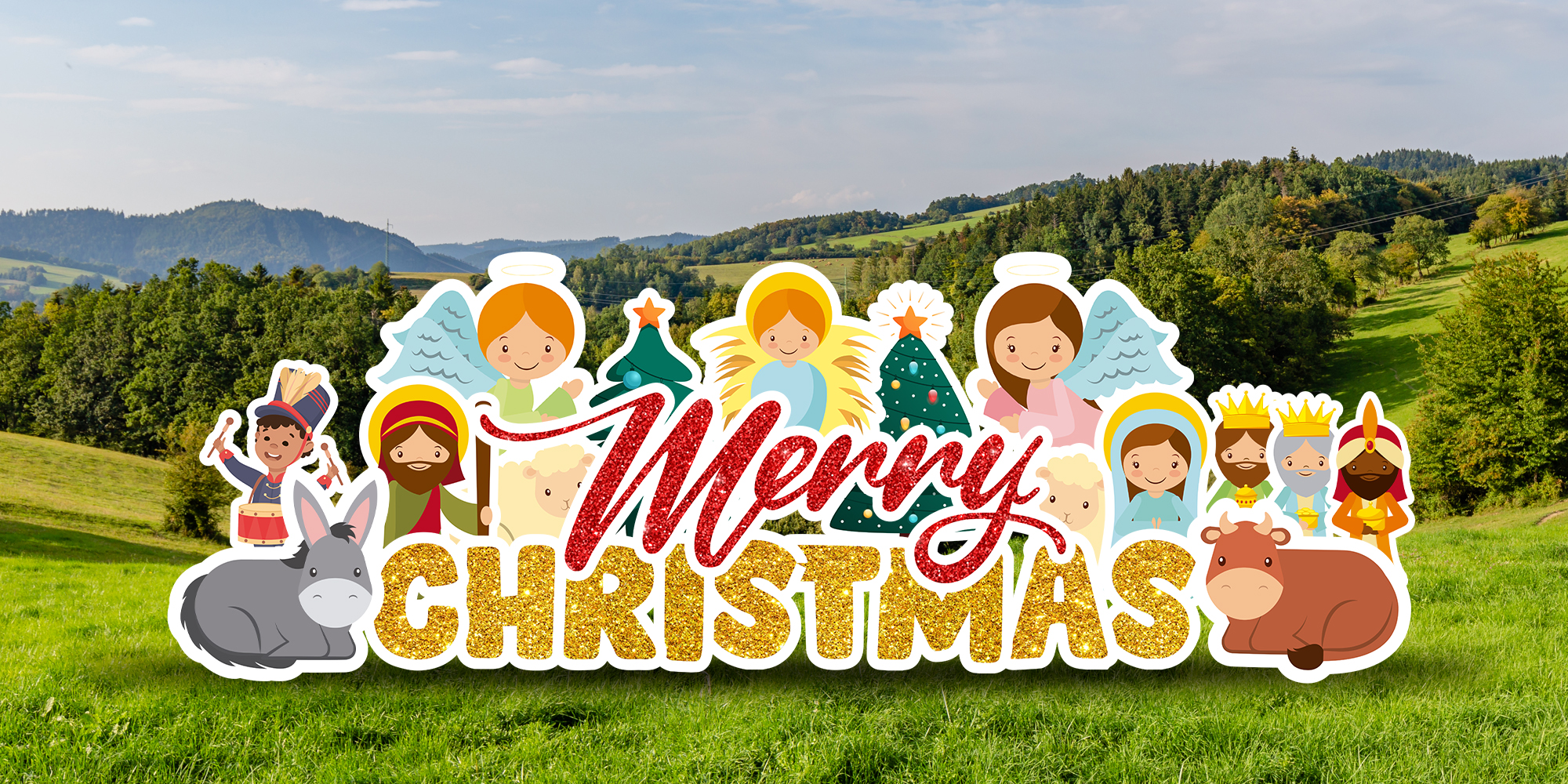 Merry Christmas yard display with angels