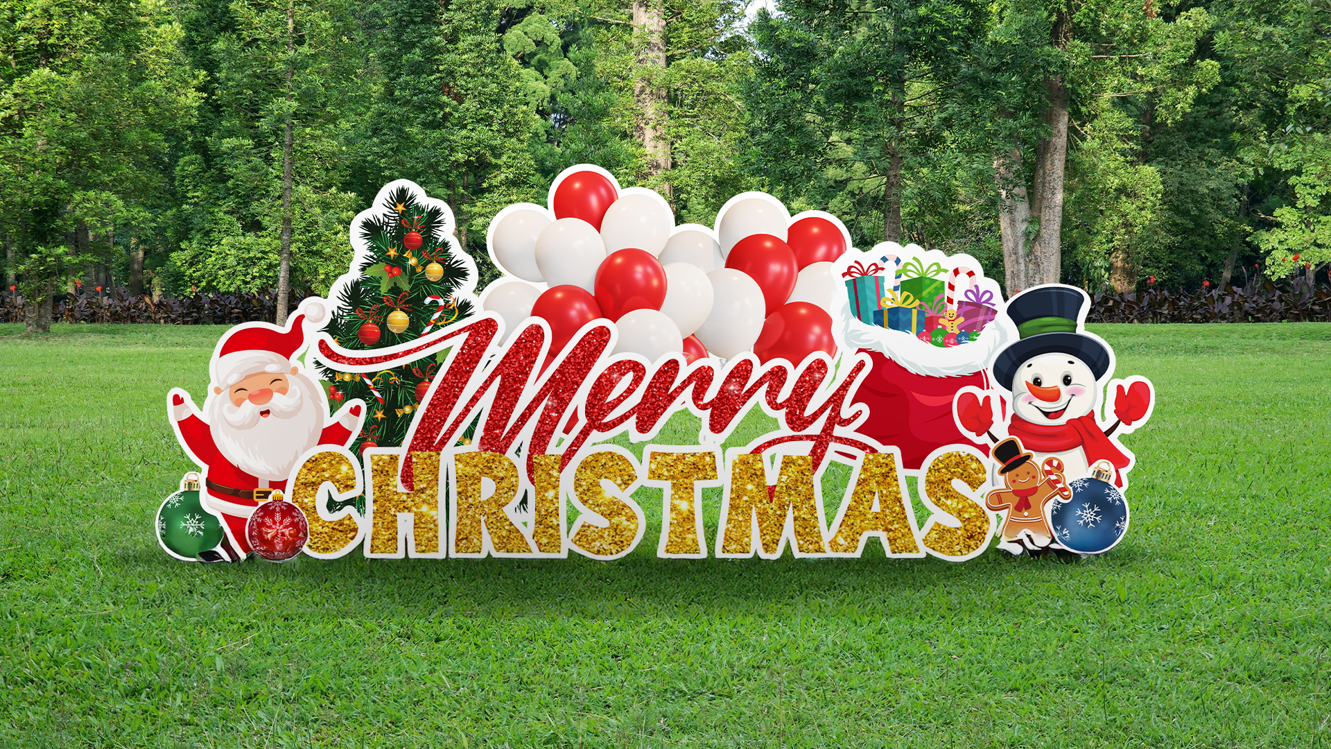 Merry Christmas yard display with balloons