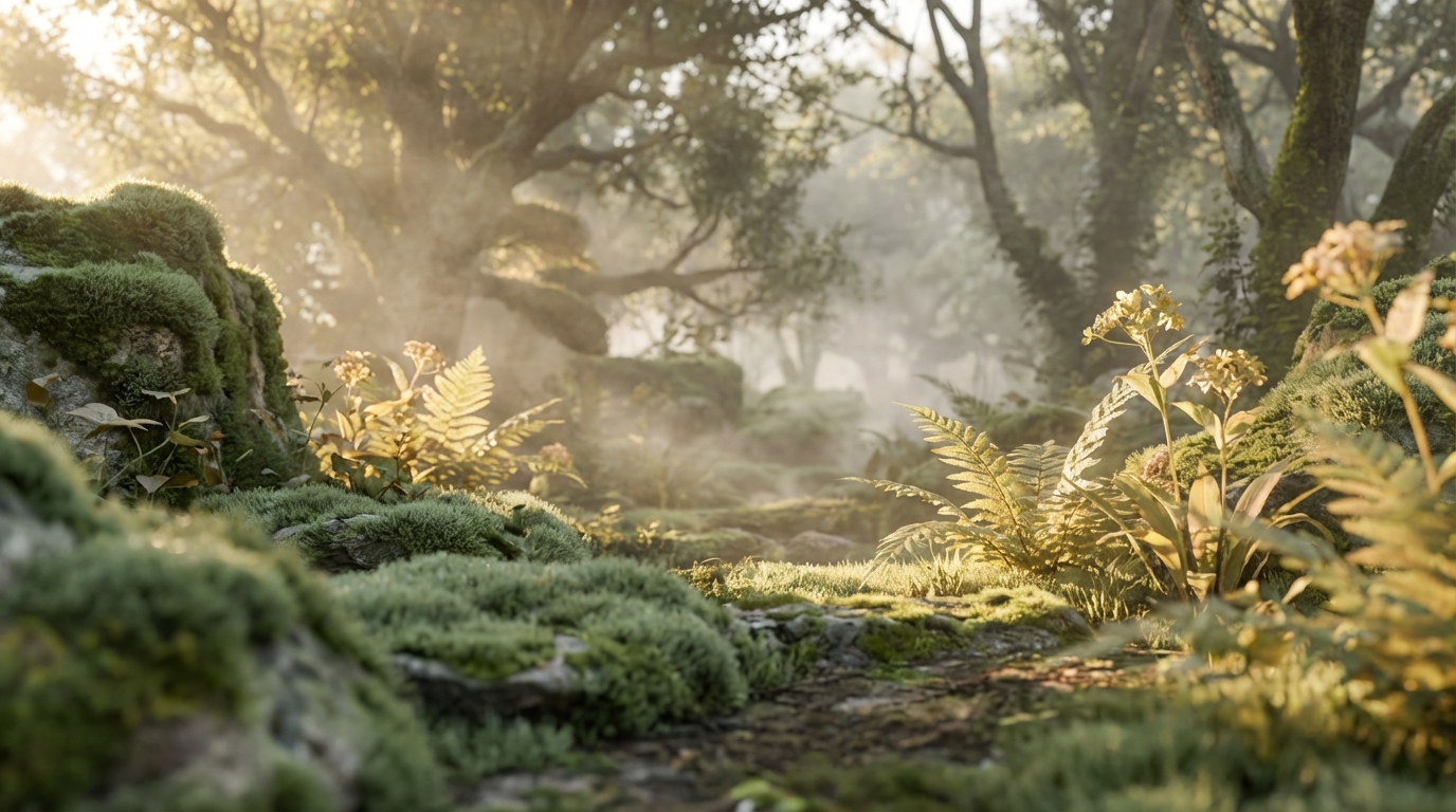 Misty botanical forest floor with golden ferns and morning light
