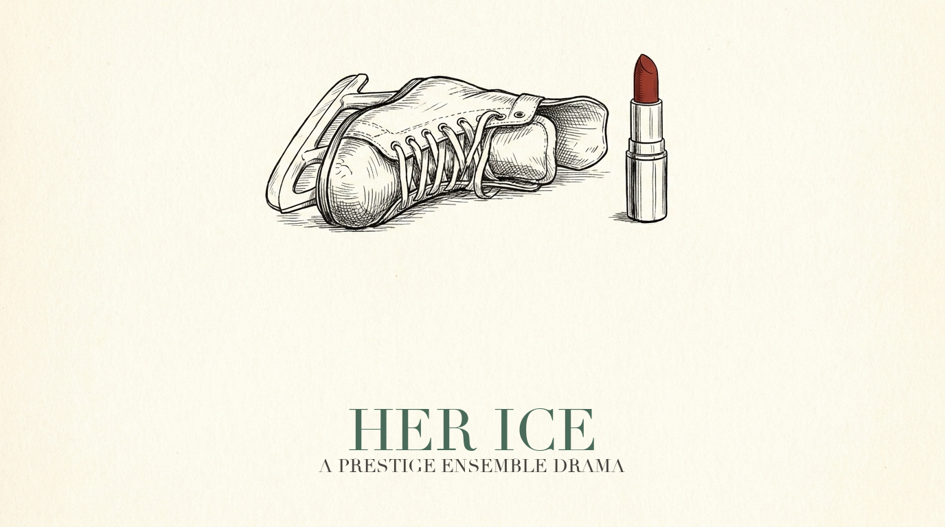 Her Ice - a prestige ensemble drama. Book cover illustration: hockey skate on its side with upright red lipstick, title Her Ice in sage, genre caption below