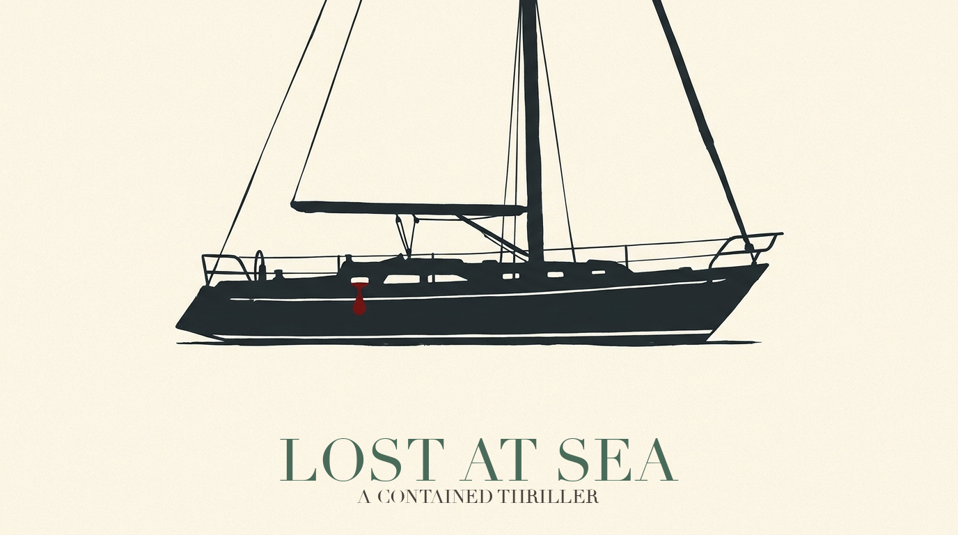 Lost at Sea - a contained thriller. Book cover illustration: sailboat silhouette with red blood drop at the cockpit, title Lost at Sea in sage, genre caption below