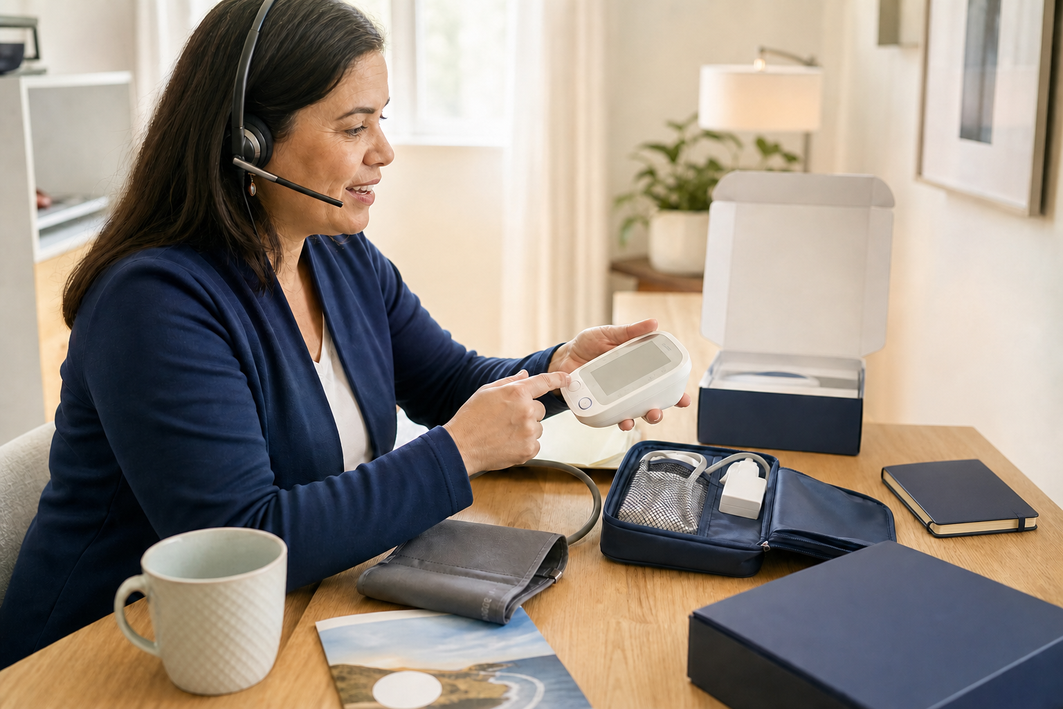 Illustration of a care coordinator explaining a home blood-pressure monitor over the phone