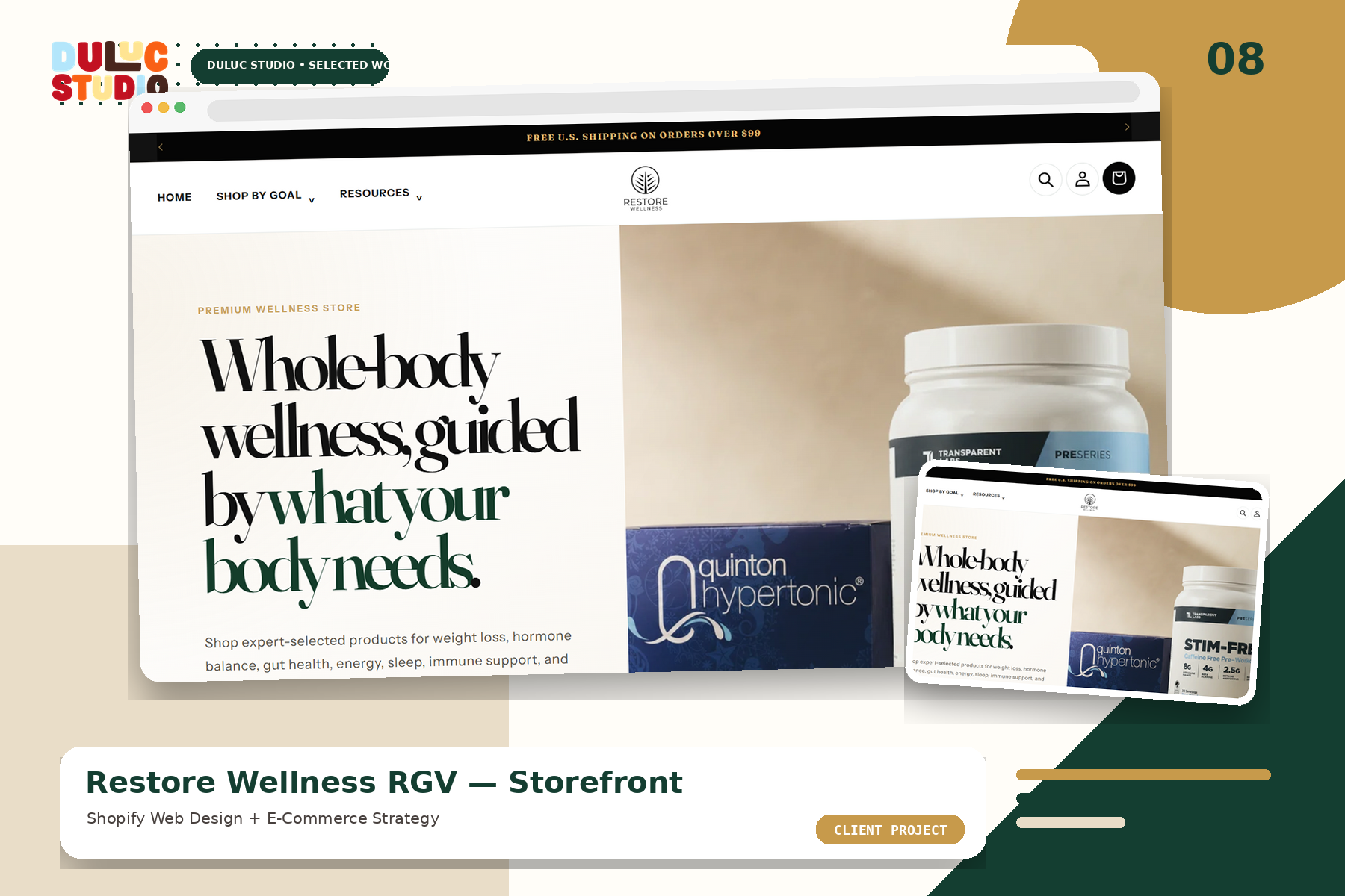 Restore Wellness RGV Shopify storefront displayed in a Duluc Studio portfolio mockup