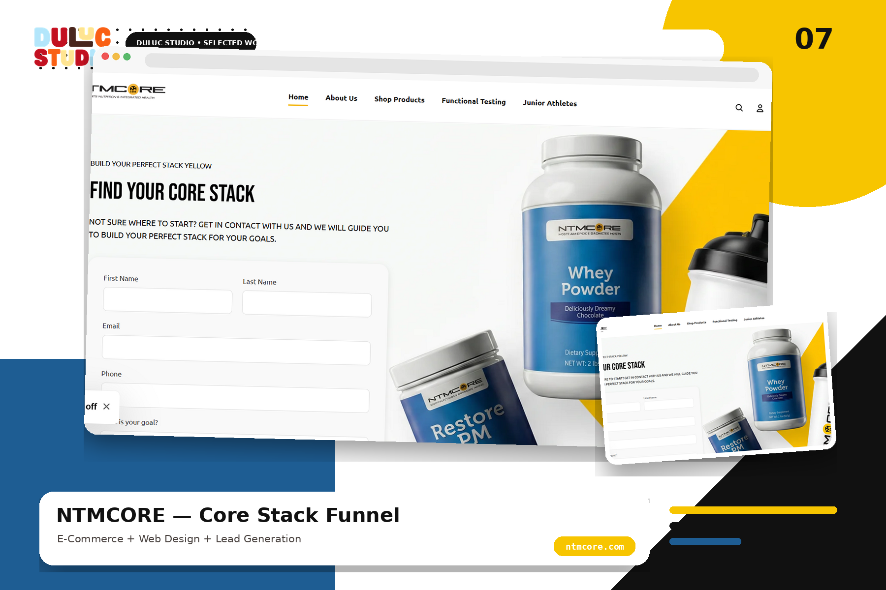 NTMCORE Core Stack lead funnel displayed in a Duluc Studio portfolio mockup