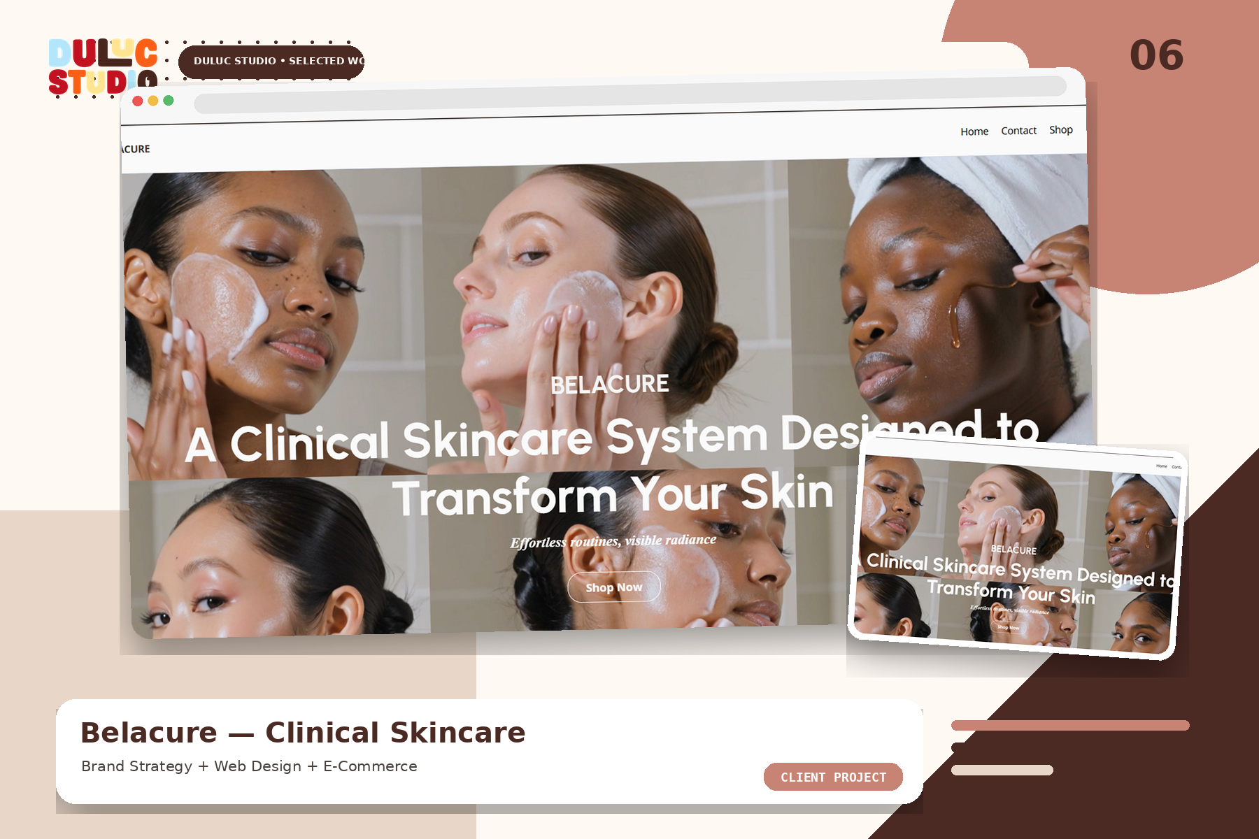 Belacure clinical skincare e-commerce website displayed in a Duluc Studio portfolio mockup