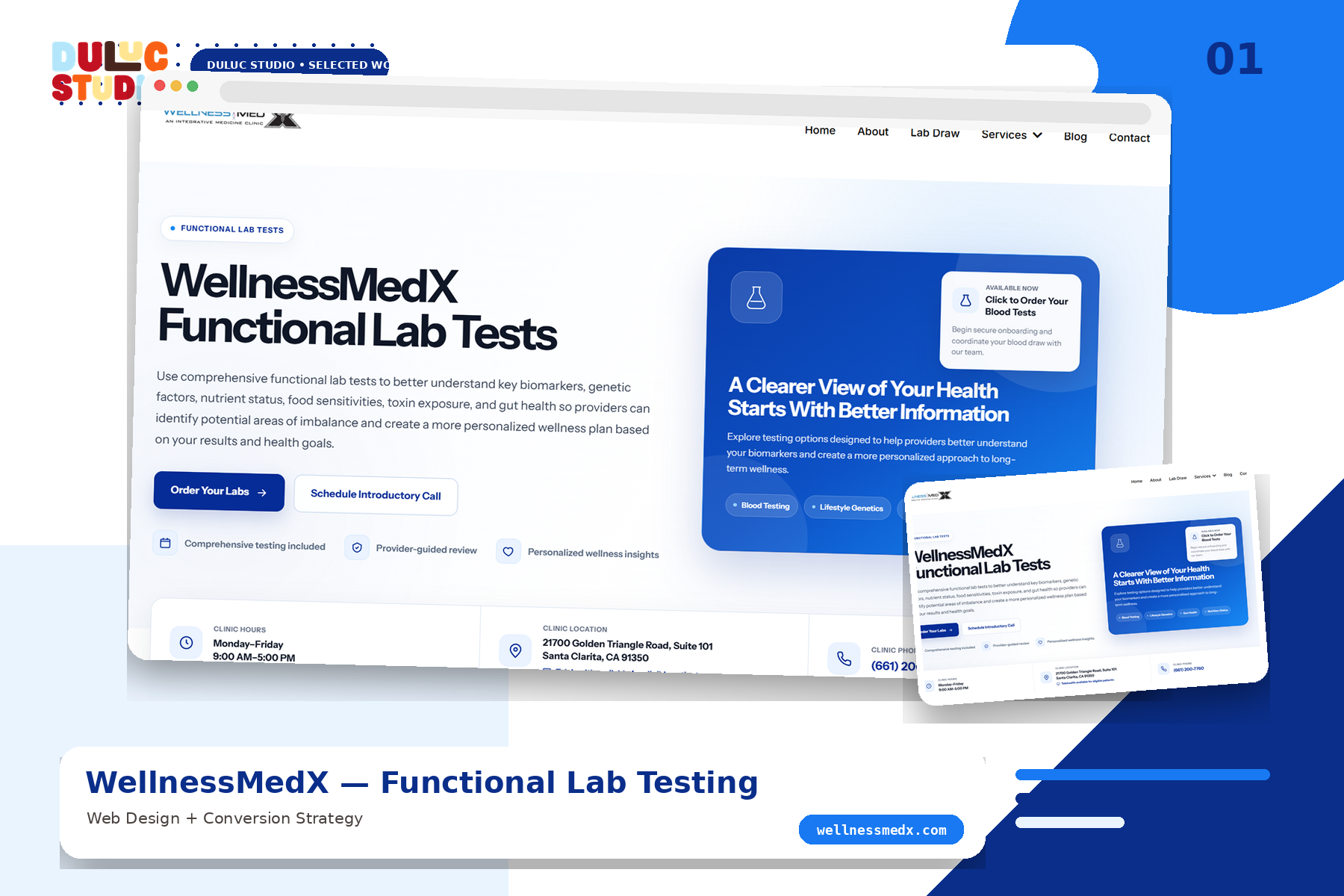 WellnessMedX functional lab testing website displayed in a Duluc Studio portfolio mockup