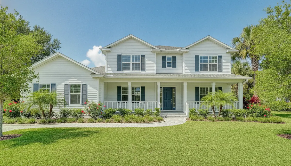 Clean light siding on a two-story St. Johns County FL home after a soft wash house washing