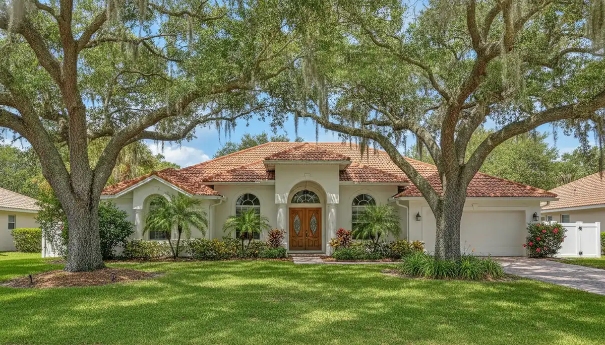 Light stucco home under live oaks in St. Johns County FL, a typical stucco cleaning and soft washing job
