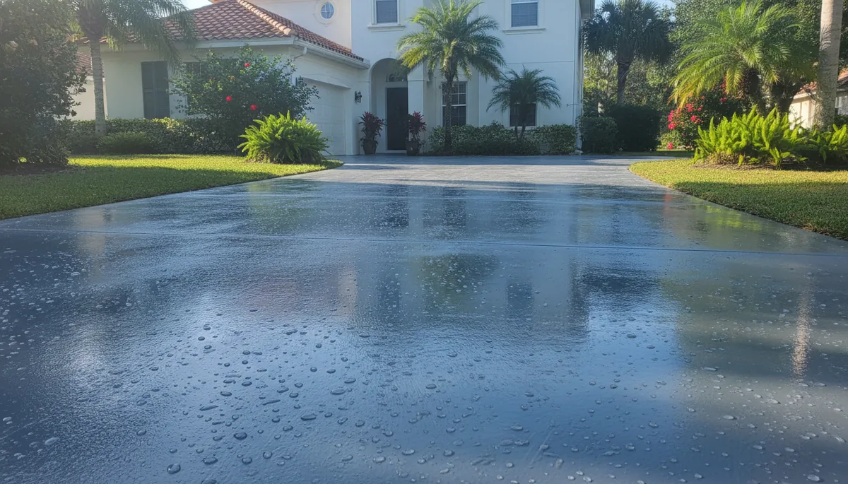 Freshly sealed driveway in front of a Northeast Florida home, the finish after cleaning and sealing in Palencia, St. Augustine FL