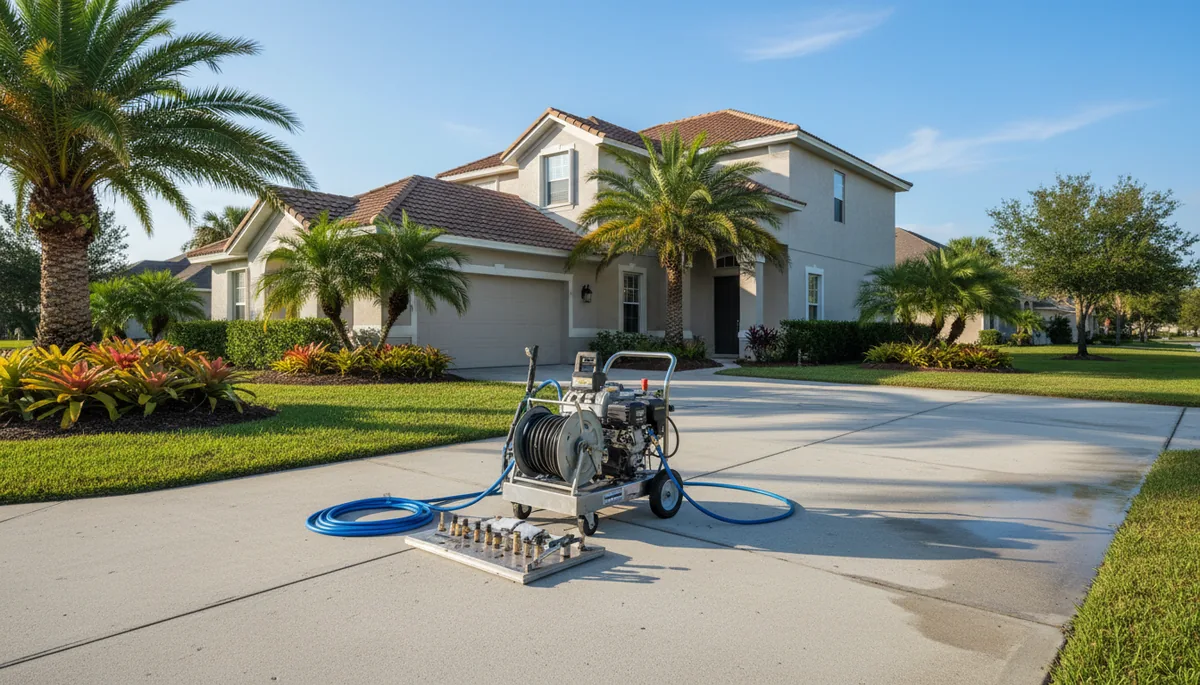 Pressure washing equipment and surface cleaner set up on a concrete driveway at a St. Augustine FL home
