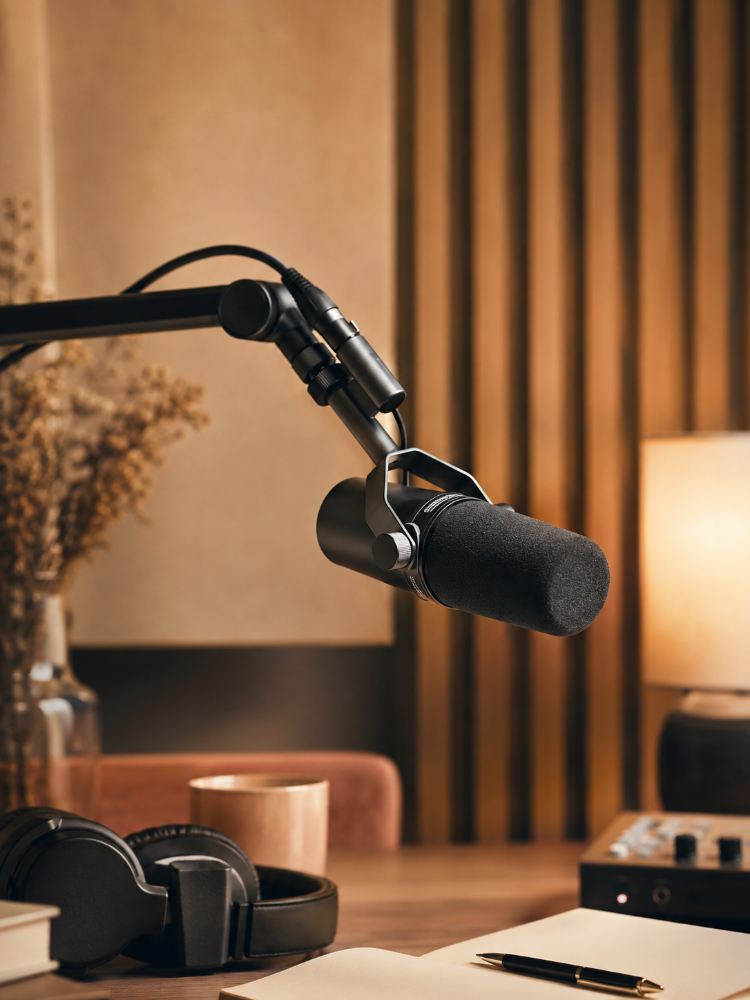 A polished podcast microphone in a warm studio