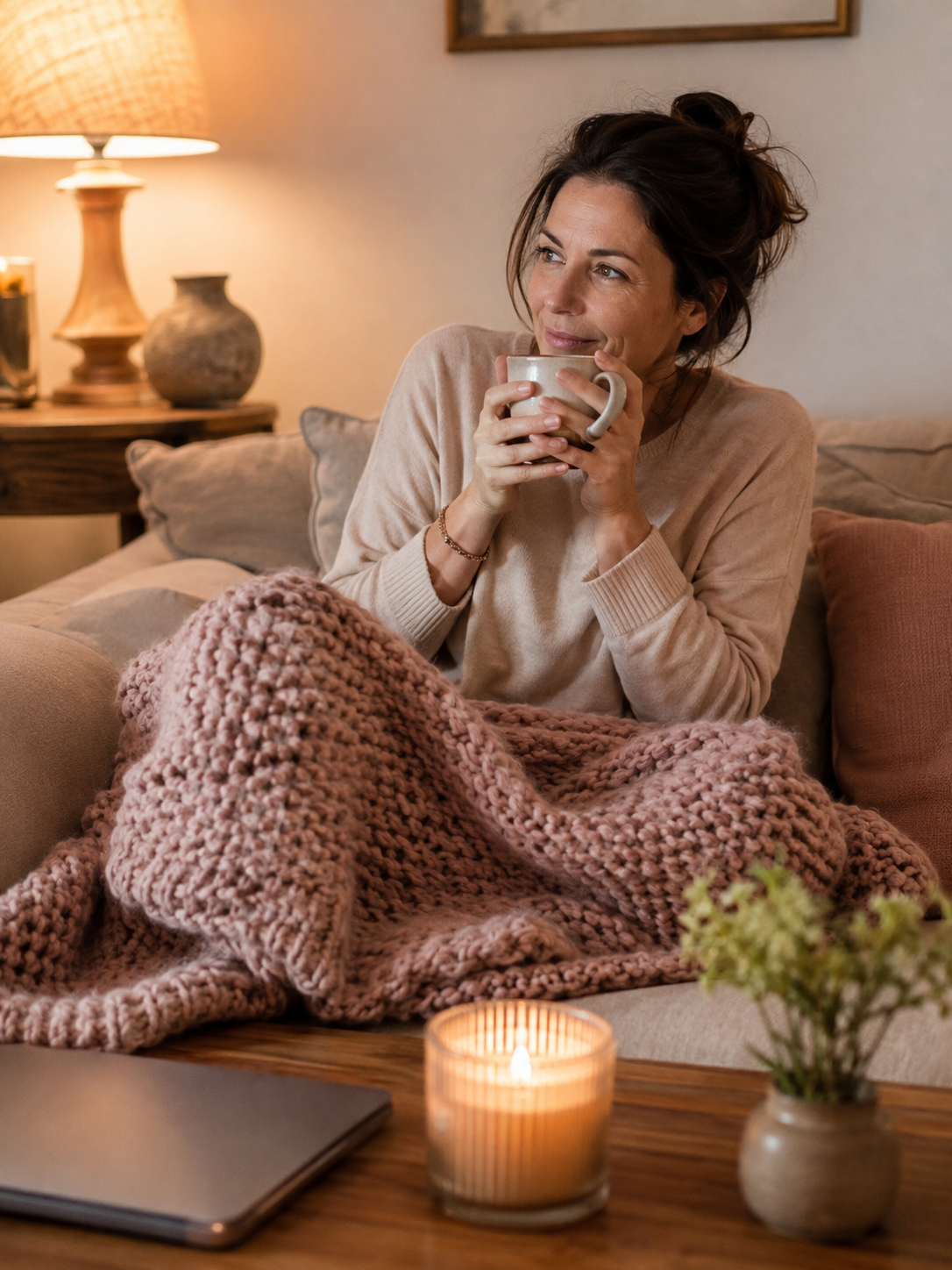 A relaxed evening at home, tea in hand, laptop closed