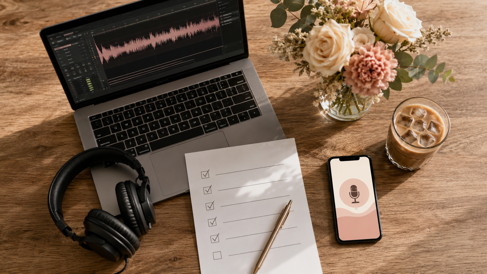 Podcast production in progress: edit, checklist, and episode art handled