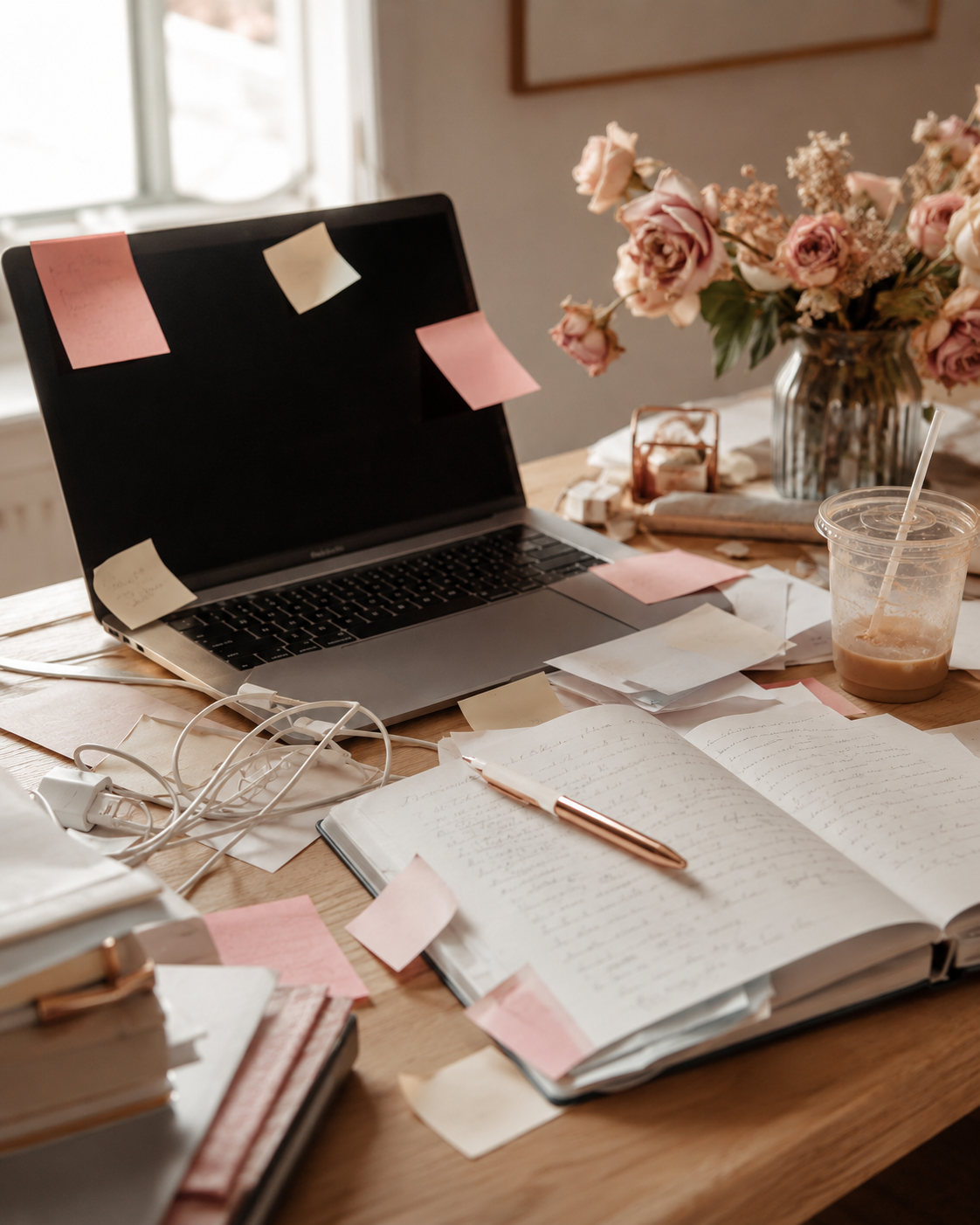 A cluttered desk: sticky notes stuck to a laptop screen, a tangled cable, scattered papers, and a notebook filled with handwriting