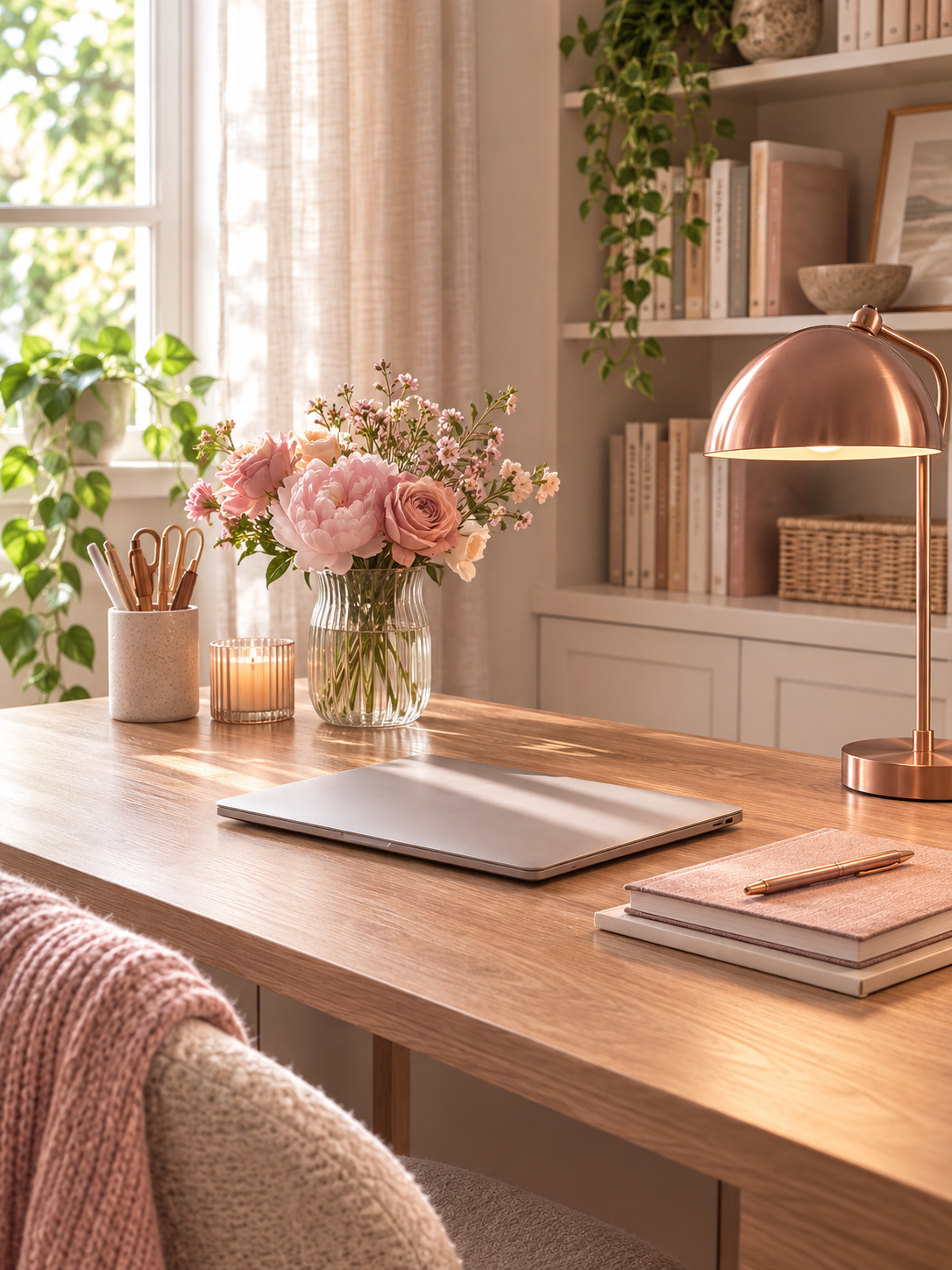 A calm, tidy home office desk with a closed laptop and blush flowers