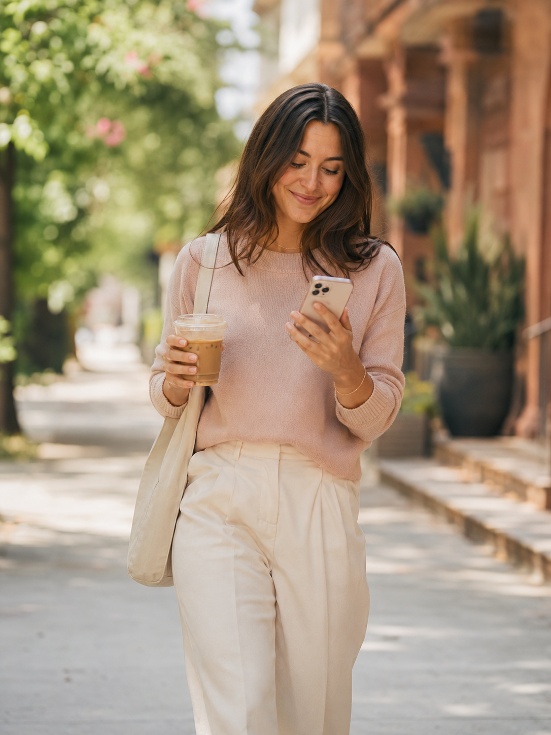 A woman walking outside with a coffee, glancing at her phone