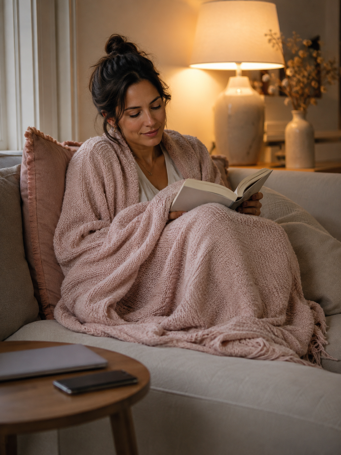 A woman relaxing on the sofa in the evening with a book, laptop closed beside her