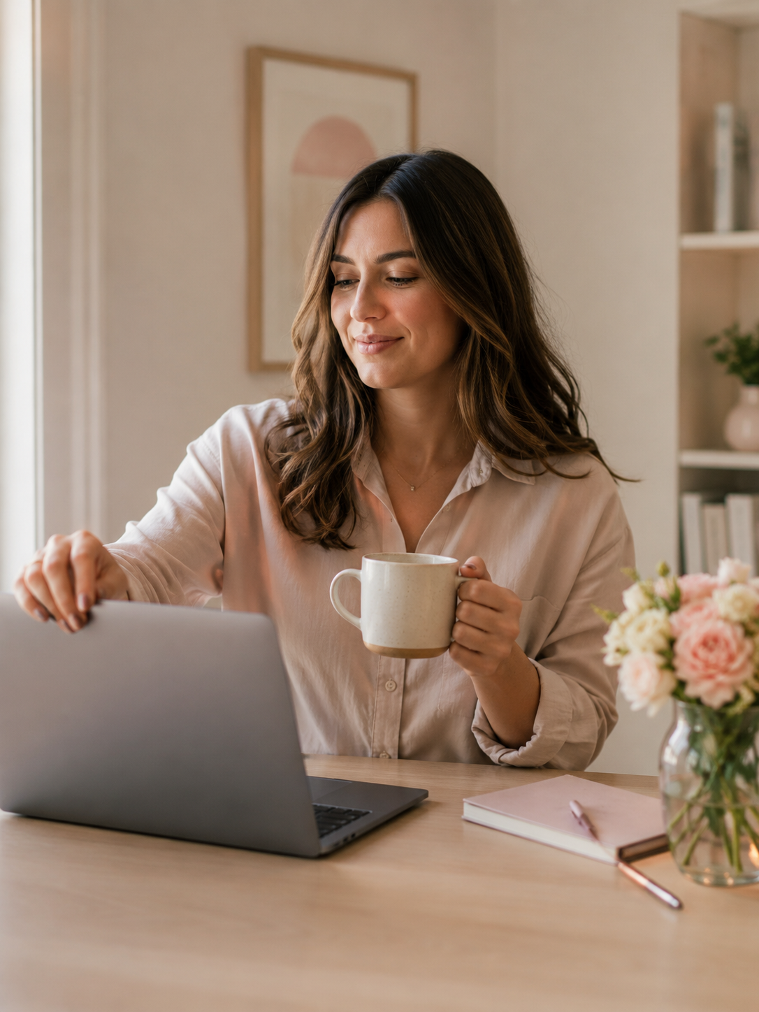 A woman opening her laptop at a tidy desk in the morning, coffee in hand