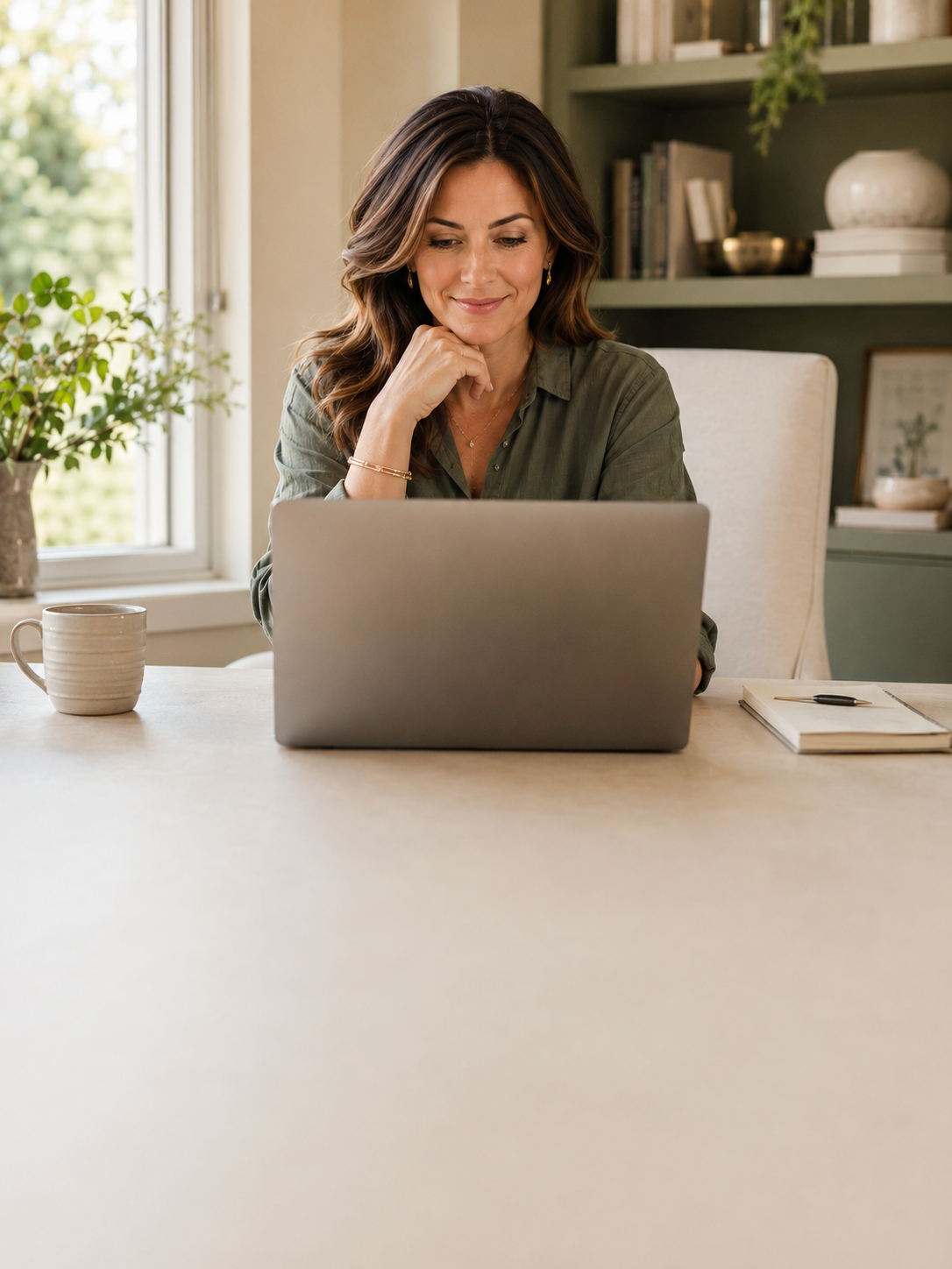 A woman reviewing her quiz results on a laptop, calm and confident
