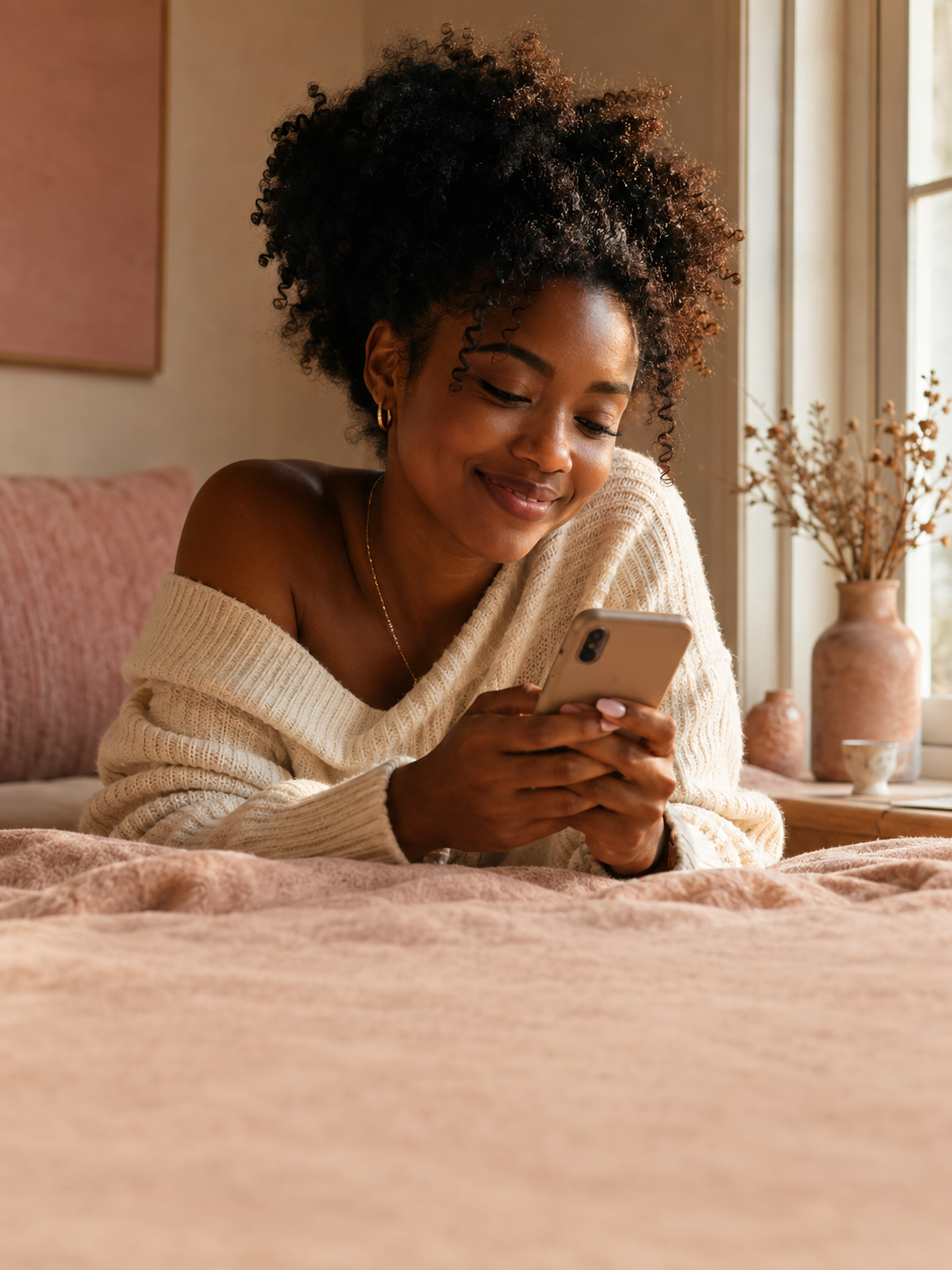 A coach relaxed at home, checking her growing email list on her phone