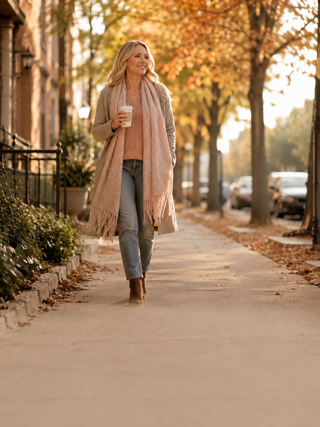 A coach enjoying life away from her desk, coffee in hand