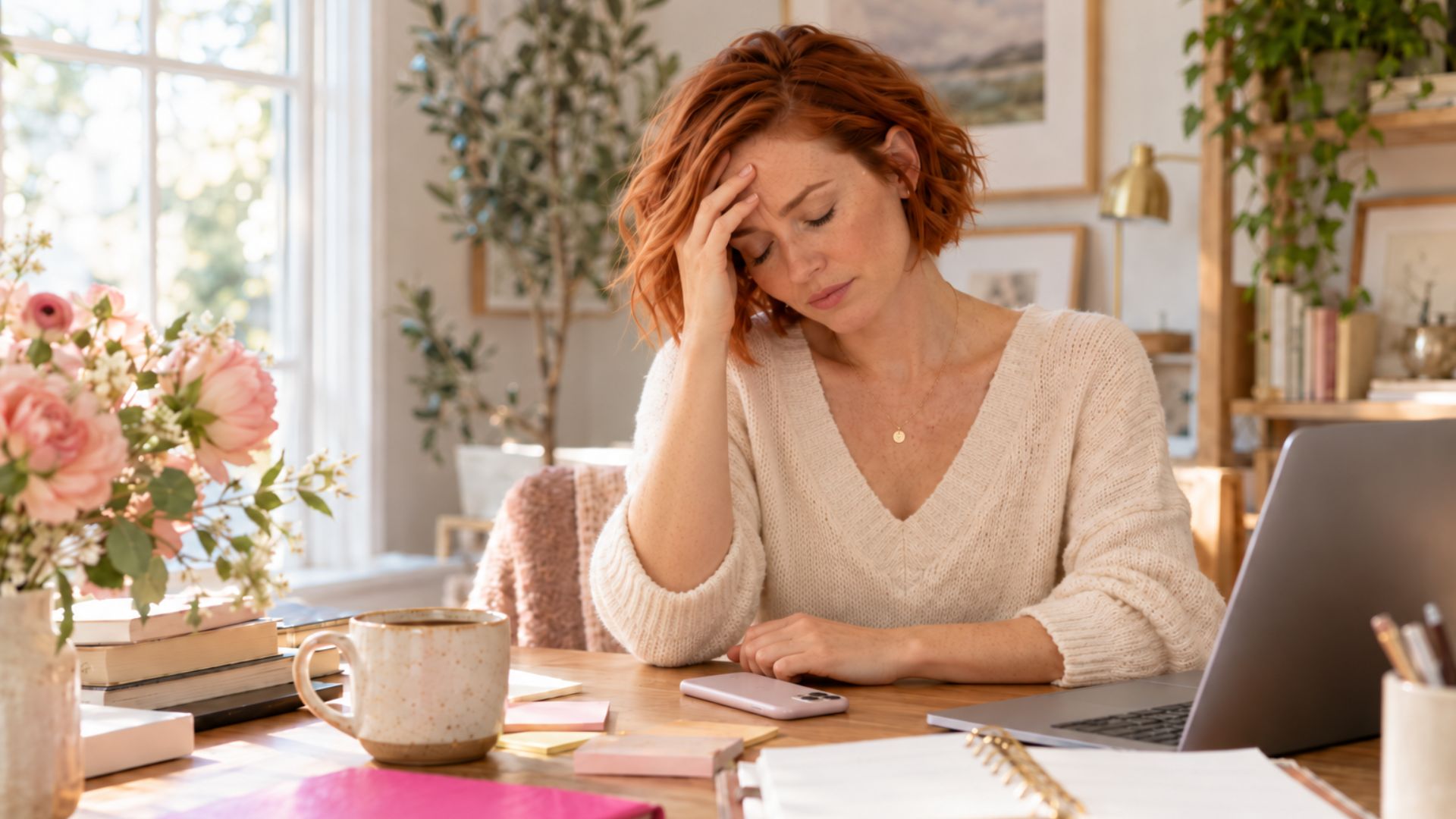 A frustrated business owner at her desk with her phone face down