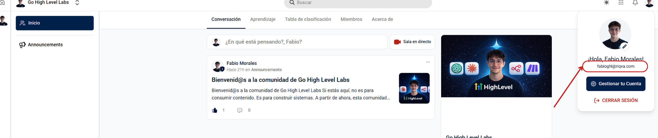 Referencia visual de la comunidad Fabio Go High Level