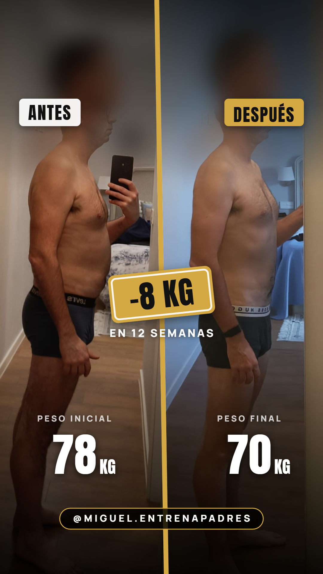 Javier, antes y después de 12 semanas en Operación Papá Deportista