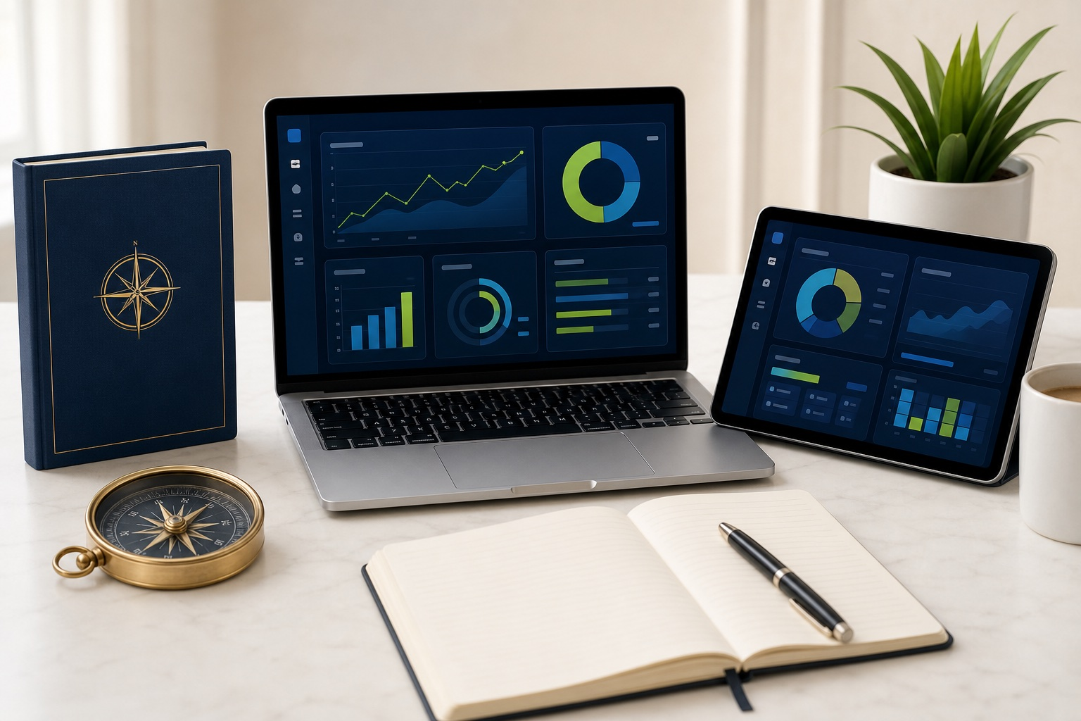 Premium executive workspace with coaching dashboard, tablet, navy workbook, brass compass, notebook, coffee, and plant