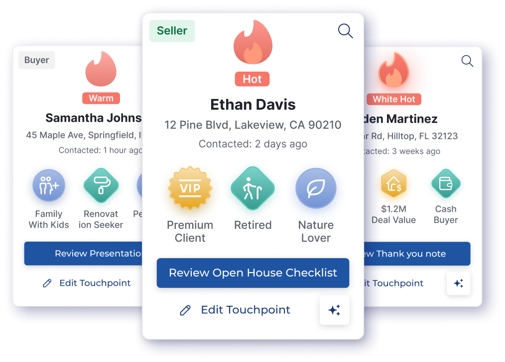 AI-generated client profile with icebreaker, personal facts, real estate goals, and a White Hot lead score