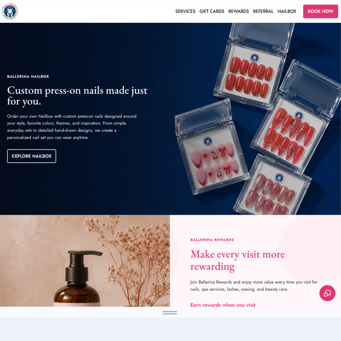 Ballerina Nails and Spa website shown on laptop