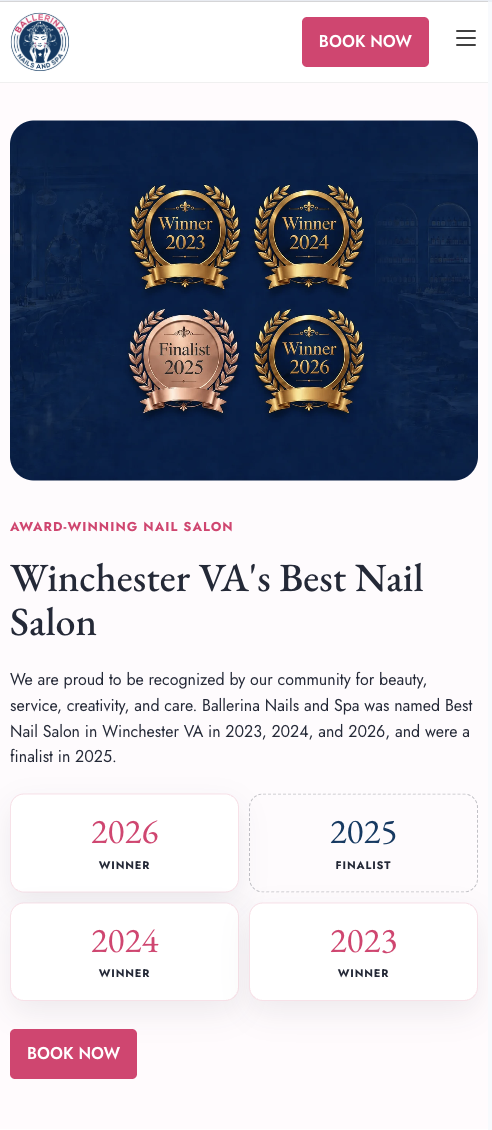Ballerina Nails and Spa mobile website shown on phone