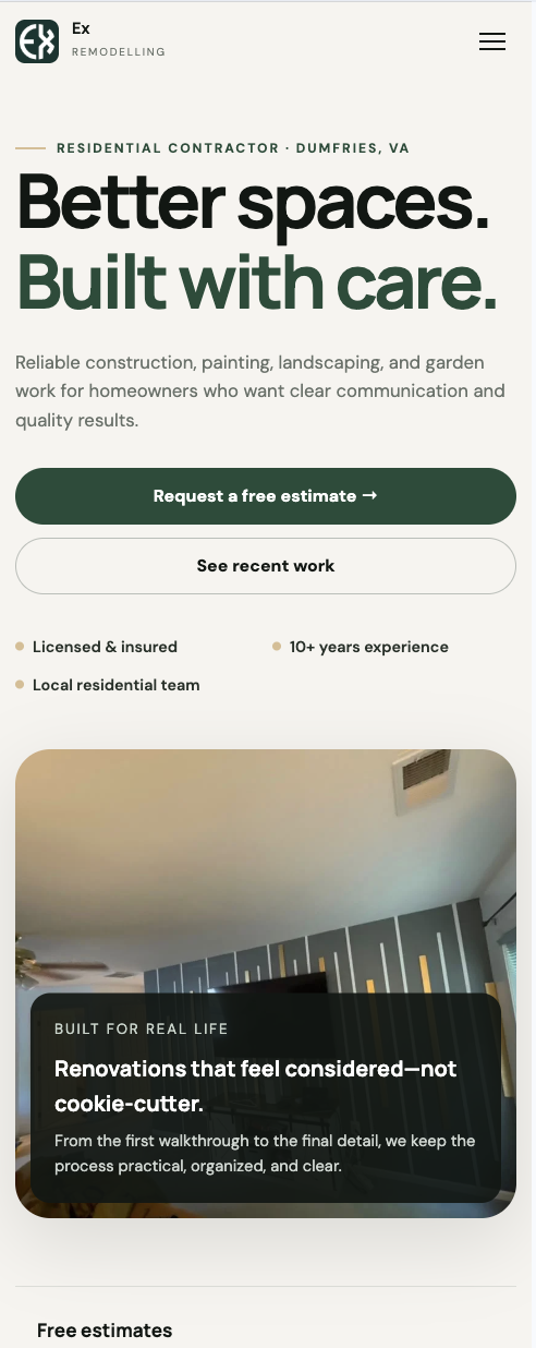 Ex Remodeling mobile website preview