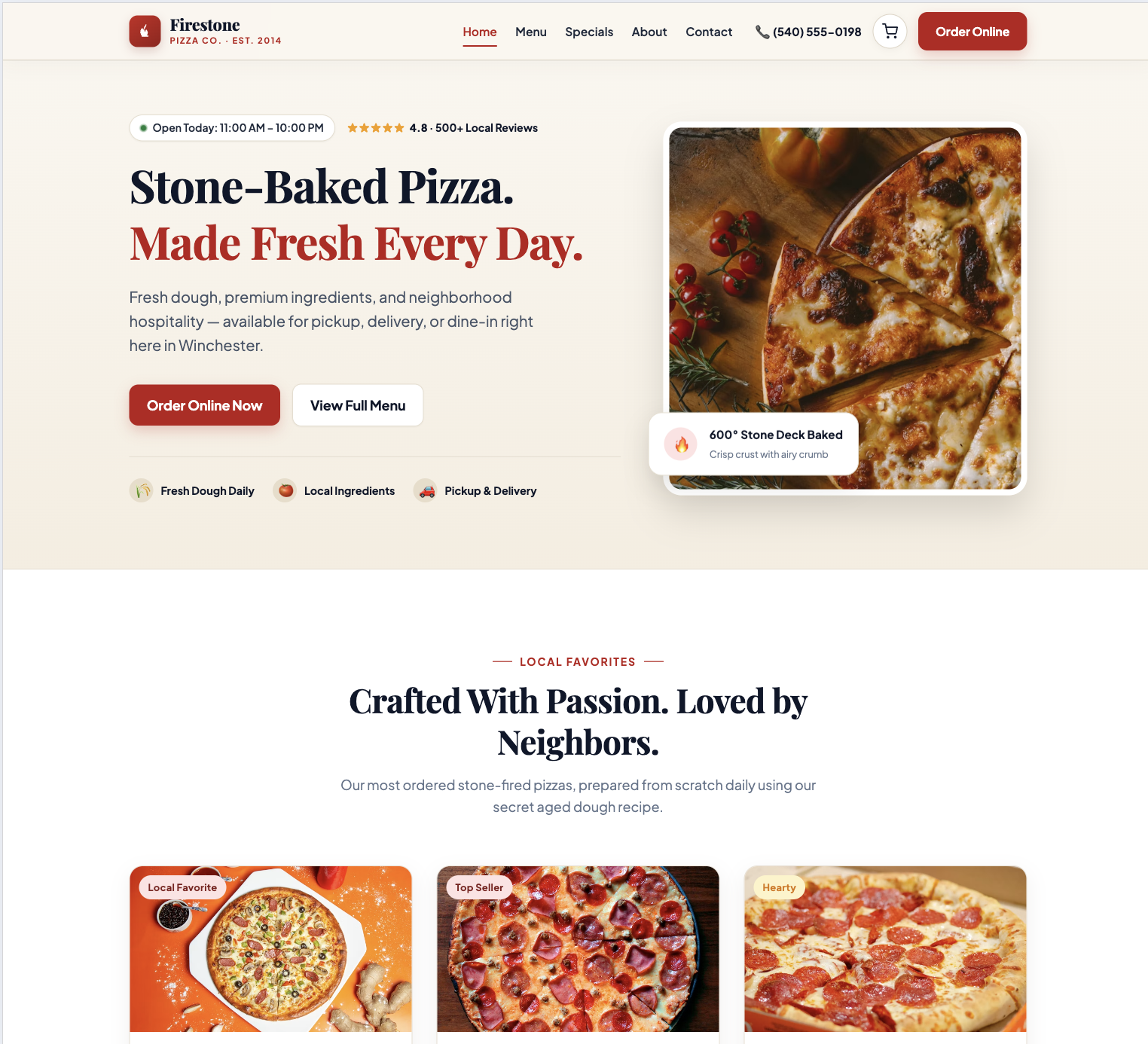 Firestore Pizza desktop website preview