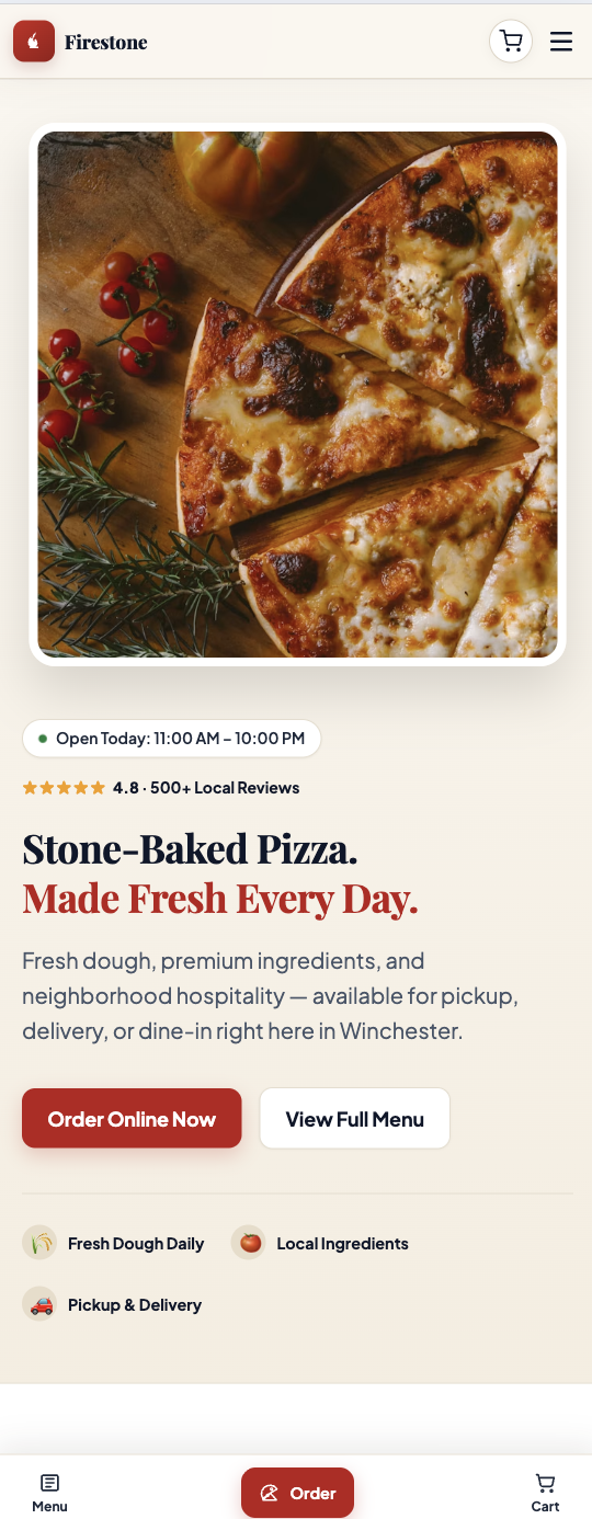Firestore Pizza mobile website preview