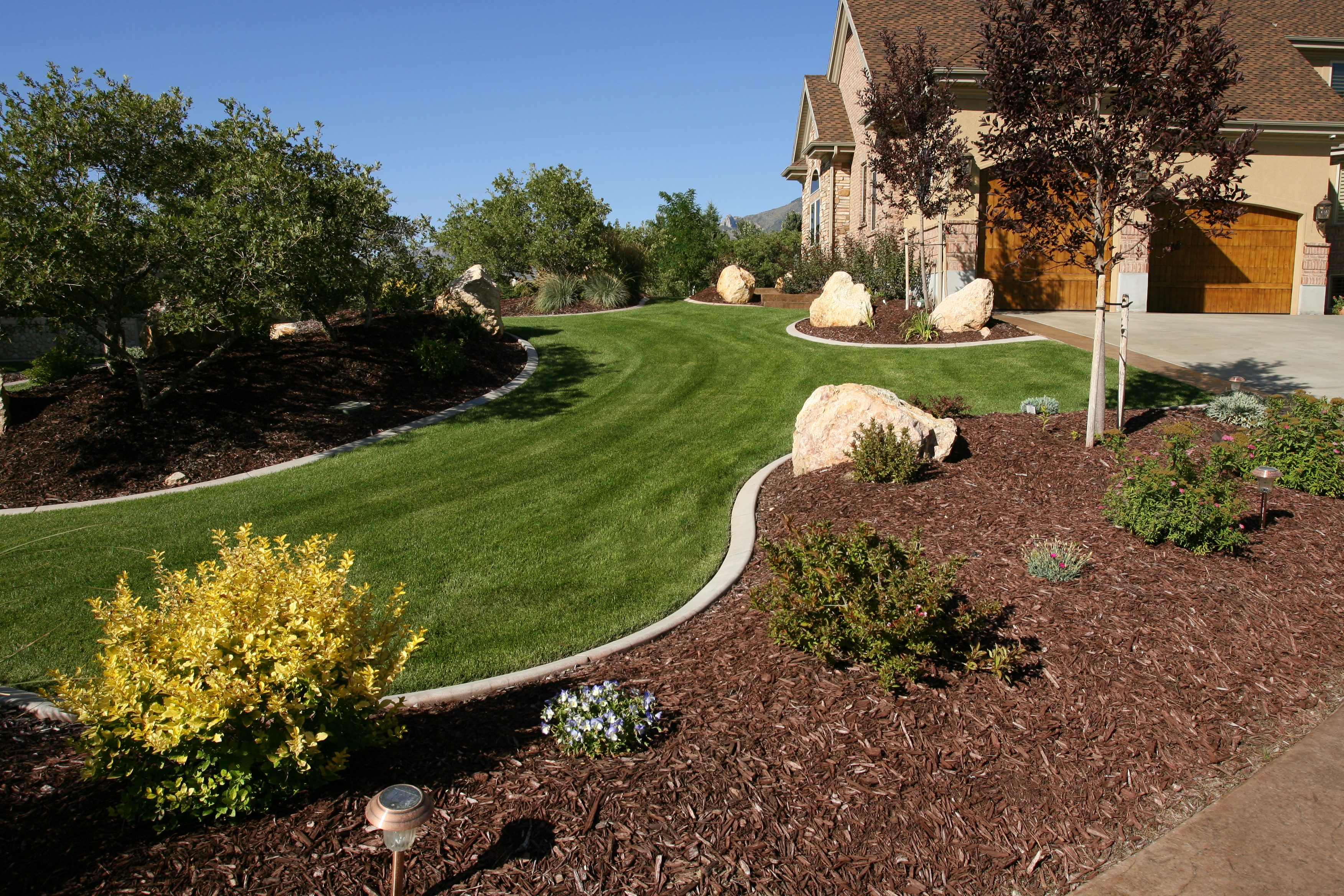 Landscaper trimming shrubs