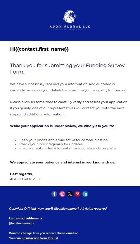 AGODI Global LLC Funding Survey Review Email