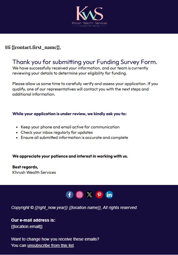 Khrush Wealth Services Funding Survey Confirmation Email