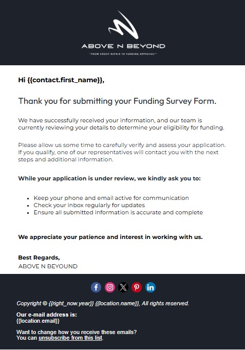 Above N Beyond Funding Survey Confirmation Email