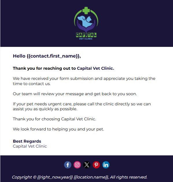 Capital Vet Clinic Form Submission Confirmation Email