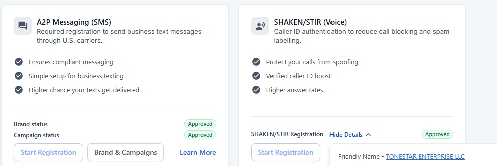 A2P 10DLC Registration — Tonestar Enterprises LLC