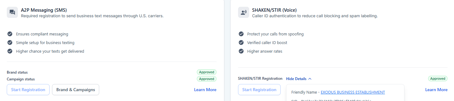 A2P 10DLC Registration — EXODUS BUSINESS ESTABLISHMENT