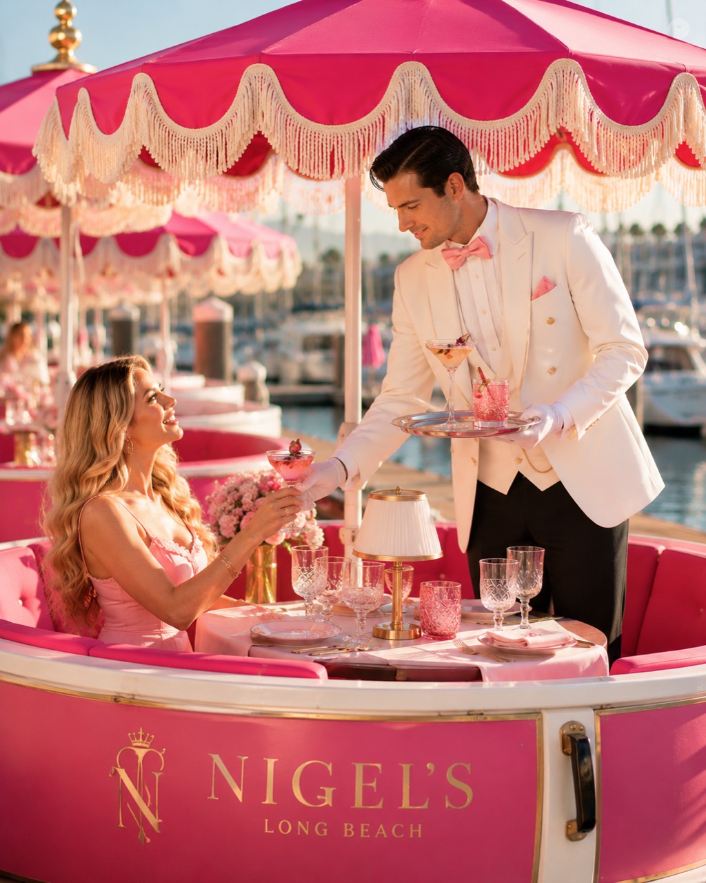 Pink and gold waterfront event service at Nigel's Long Beach
