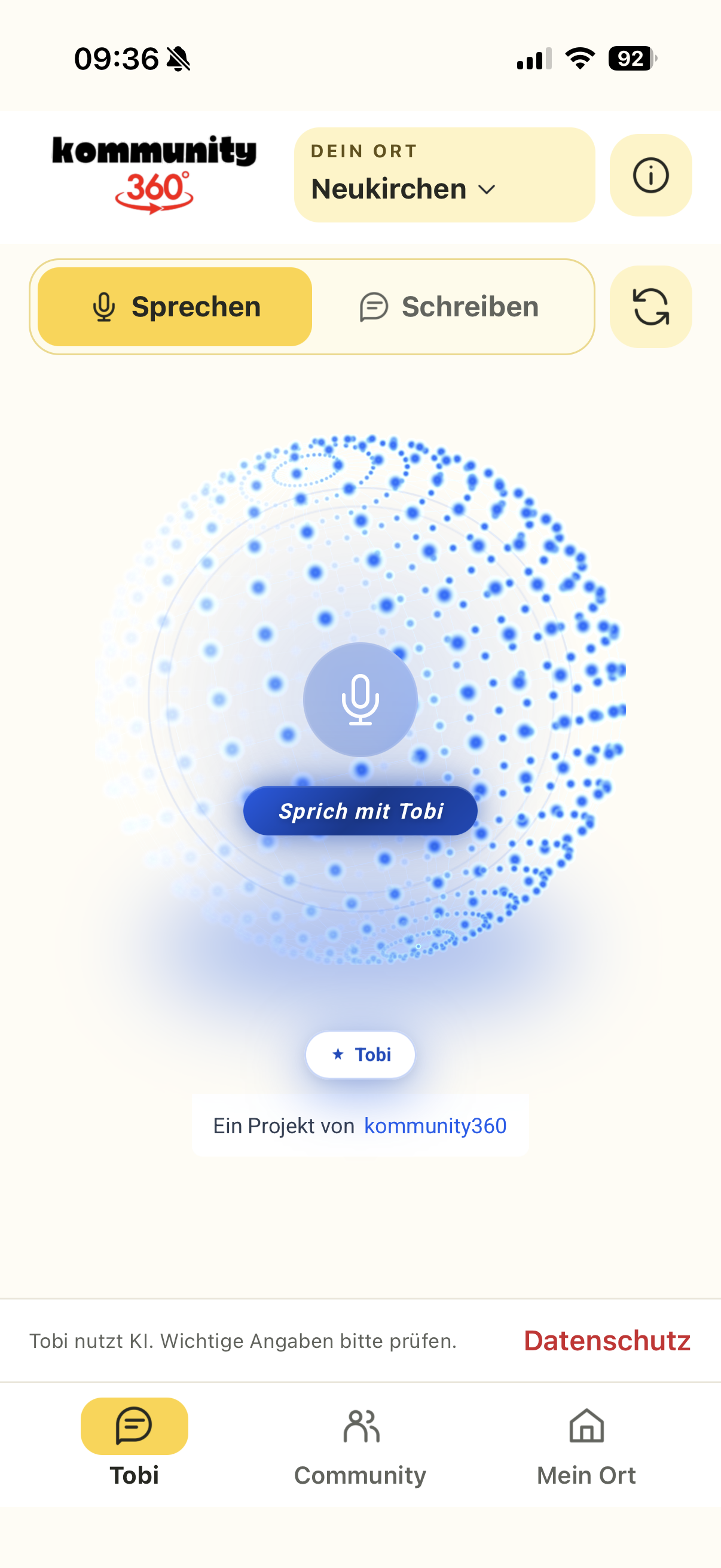 kommunity360 App mit Sprachansicht von Tobi