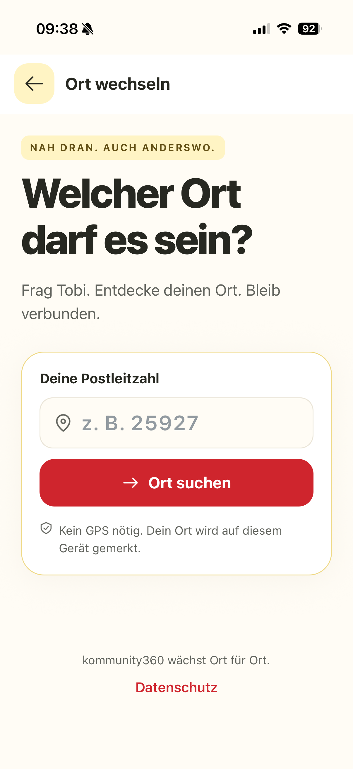 kommunity360 App mit Auswahl eines Ortes per Postleitzahl